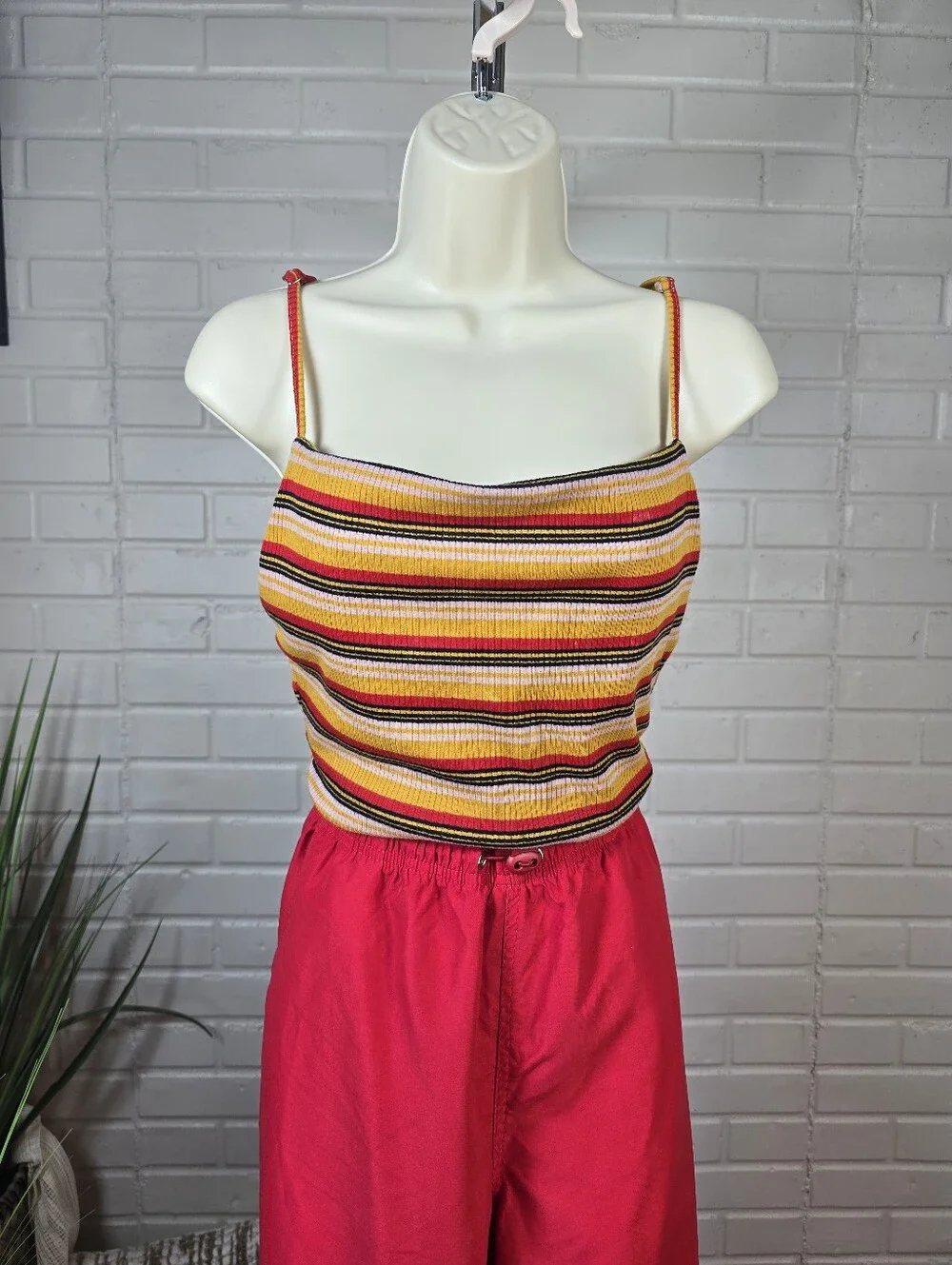 Astr Striped Spaghetti Strap Bodysuit Yellow Red Black Cream Large